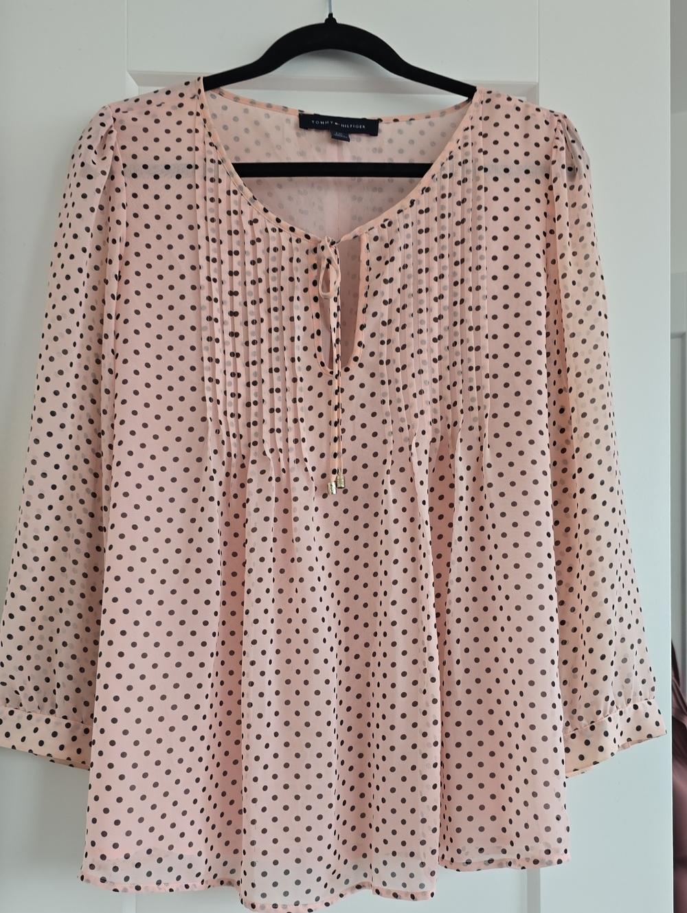 Blush Pink Polka Dot Pintuck Tie-Front Blouse
